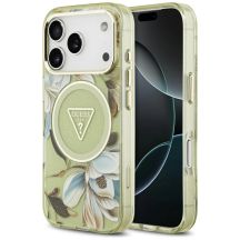 Guess IML Glitter Flowers Dreieckige MagSafe Hülle für iPhone 17 Pro Max - Grün