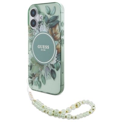 Guess IML Flowers With Pearl Strap MagSafe-Hülle für iPhone 16 Plus – Grün