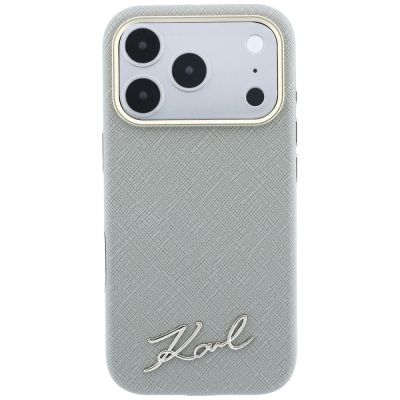 3. Karl Lagerfeld Saffiano MagSafe Hülle mit kleinem Schriftzug und Metalllogo für iPhone 18 Pro / 17 Pro – Beige