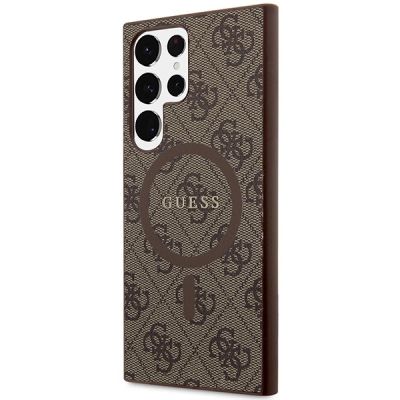 2. Guess 4G Collection MagSafe Leder-Metall-Logo-Hülle für Samsung Galaxy S24 Ultra – Braun