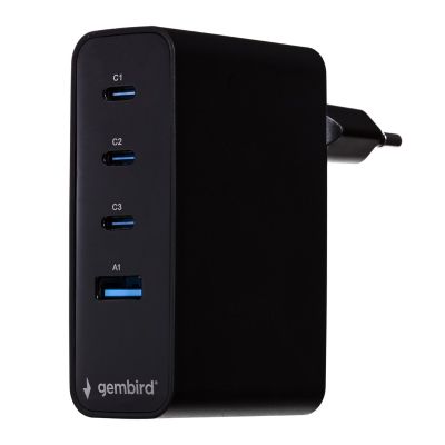 2. GEMBIRD SCHNELLES 4-PORT-GAN-NETZLADEGERÄT (PD) USB (3X USB-A + 1X USB TYP-C) 100 W, SCHWARZ