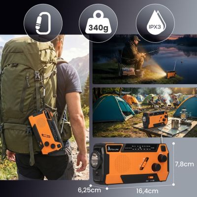 41. Extralink Solar-Notfallradio mit Kurbeldynamo-Powerbank (4000 mAh) und SOS-Taschenlampe SR-4000, tragbar, analog, Schwarz/Orange