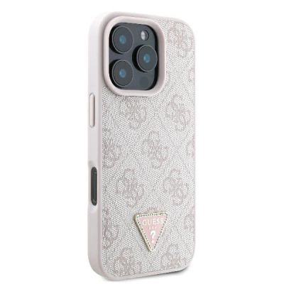 4. Guess Leder 4G Triangle Strass MagSafe Hülle für iPhone 16 Pro Max – Rosa