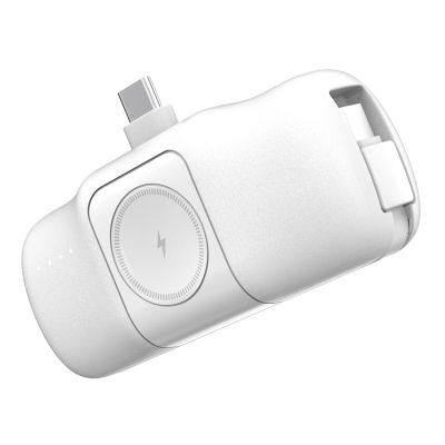 4. Wozinsky WF16-YCS 5000 mAh 15 W USB-C Mini-Powerbank mit integriertem USB-C-Kabel und Apple Watch Ladegerät – Weiß