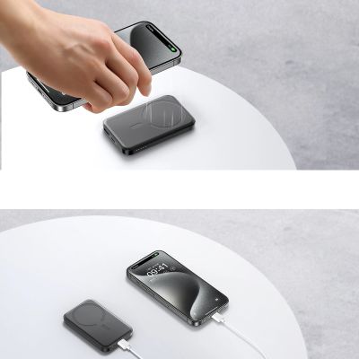 10. Powerbank Joyroom JR-W020 Mini 5000 mAh USB-A USB-C induktiv 20 W – schwarz + USB-C/USB-C-Kabel