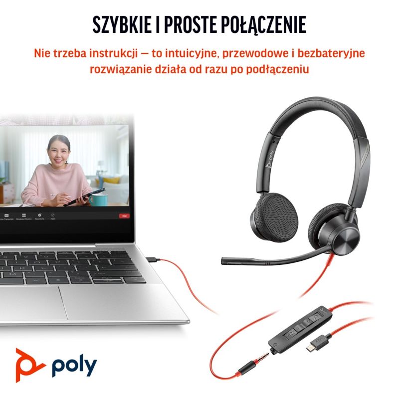 215. Poly Blackwire 3325 Stereo-Headset mit MS Teams-Zertifizierung, USB-C-Stecker, 3,5-mm-Klinkenstecker und USB-C/A-Adapter (8x222AA)
