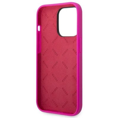 7. Guess Silikonhülle mit Vintage-Goldlogo für iPhone 14 Pro – Fuchsia