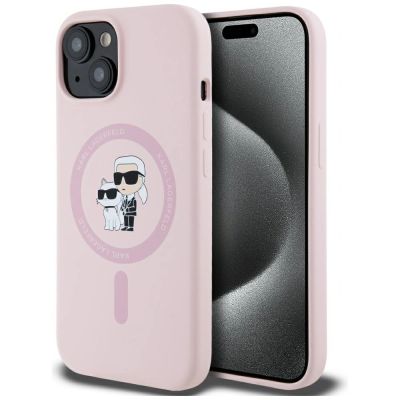 Karl Lagerfeld Silikon Karl&Choupette MagSafe iPhone 15 Hülle - Rosa