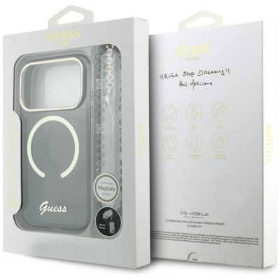8. Guess IML Glitters Script Strap MagSafe Hülle für iPhone 17 Pro - Schwarz