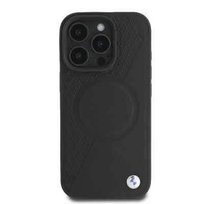 3. BMW Signature Leather Half Textured & Circle MagSafe Hülle für iPhone 16 Pro – Schwarz
