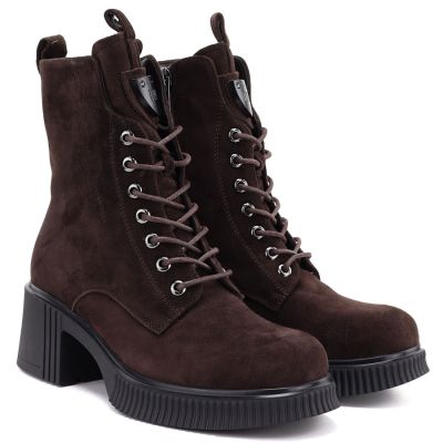 4. Damen-Ankle-Boots aus Leder mit Blockabsatz und Plateau, schokoladenbraun, Vinceza 67009