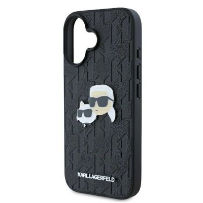 6. Karl Lagerfeld Monogram Karl & Choupette Head Pin Hülle für iPhone 16 Plus – Schwarz