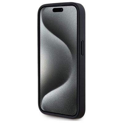 5. Karl Lagerfeld Leder-Monogramm-Metalllogo-MagSafe-Hülle für iPhone 15 Pro – Schwarz