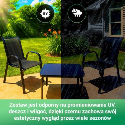 7. Klassisches Gartenmöbelset aus Textil aus dem Schwarzwald, zwei Stühle + schwarzer Tisch
