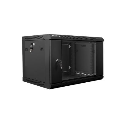 Lanberg WF01-6406-10B einteiliger abschließbarer Schrank (6 HE; 368 mm / 600 mm / 450 mm; Wandmontage; Glas; 19 Zoll; schwarz)