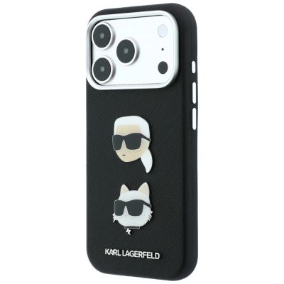 3. Karl Lagerfeld Saffiano Karl&Choupette Heads Pins Strap Logo Case für iPhone 18 Pro / 17 Pro - Schwarz