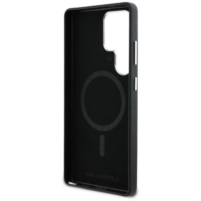 7. Karl Lagerfeld Saffiano Vollumwickelte MagSafe Hülle mit länglichem Metalllogo für Samsung Galaxy S25 Ultra - Schwarz