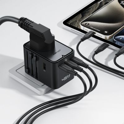 6. Acefast Z8 GaN 45W Reiseadapter 3x USB-C + 2x USB-A Reise-Wandladegerät mit 2500W-Netzsteckdose – Schwarz