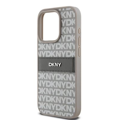 6. DKNY Lederhülle mit Monostreifen und Metalllogo für iPhone 15 Pro Max – Beige