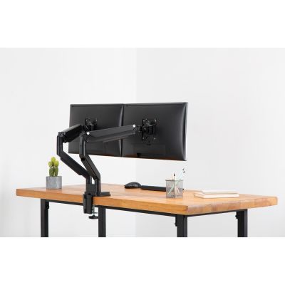 25. Doppelter Schreibtischarm (Klemme) für 2 x LCD-Monitore, max. 32 Zoll, max. 2 x 9 kg, neig- und schwenkbar, schwarz