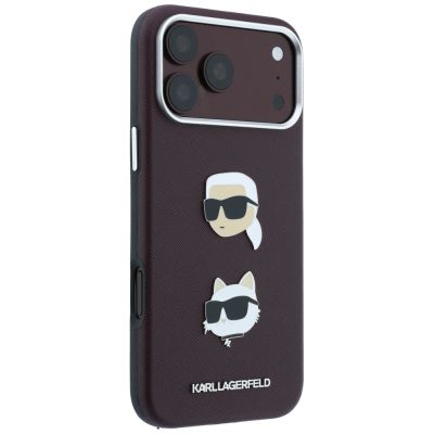 4. Karl Lagerfeld Saffiano Hülle mit Karl & Choupette Köpfen Pins & Logo für iPhone 18 Pro / 17 Pro - bordeauxrot