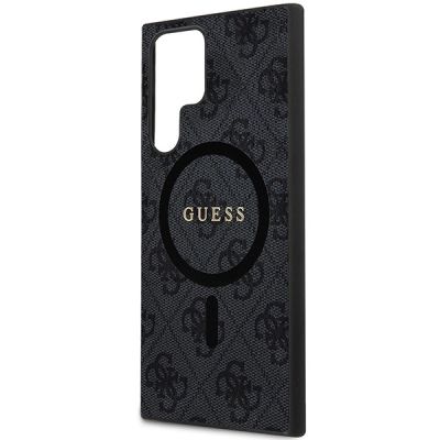 6. Guess 4G Collection Leder-Metall-Logo MagSafe-Hülle für Samsung Galaxy S24 Ultra – Schwarz