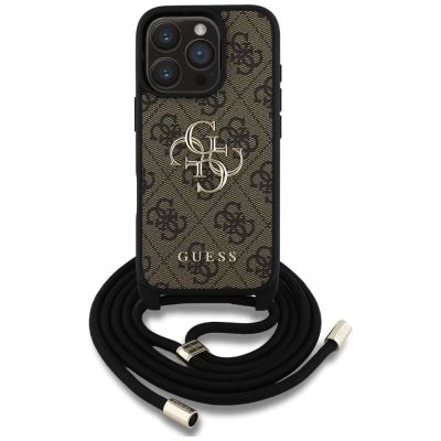 2. Guess 4G Big Logo Cord Stap Crossbody Case für iPhone 16 Pro Braun