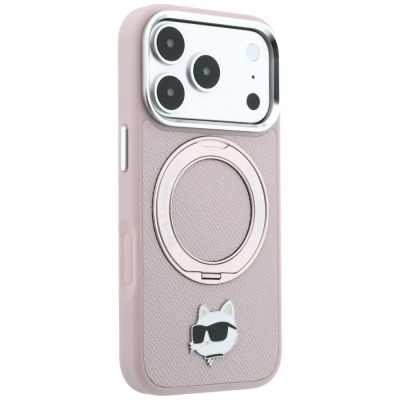 4. Karl Lagerfeld with Ring Stand 360 Choupette Head Pin MagSafe Hülle für iPhone 18 Pro Max / 17 Pro Max – Rosa