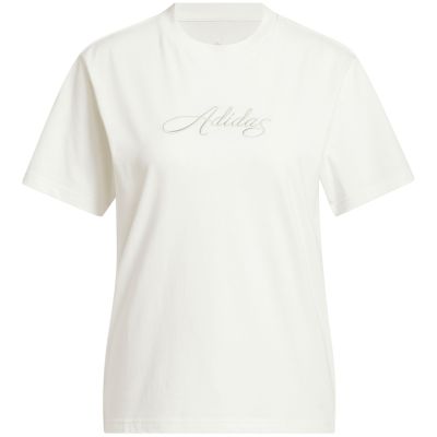 2. adidas Damen-T-Shirt mit kursivem Schriftzug-Grafikmuster, Weiß, KQ6404