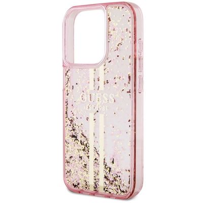 6. Guess Liquid Glitter Gold Stripes Hülle für iPhone 15 Pro – Rosa