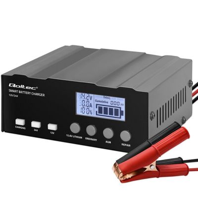 Qoltec Intelligentes Mikroprozessor-Ladegerät 12 V | 12,6 V | 24 V | Gleichrichter mit Reparaturfunktion für AGM- und GEL-Batterien | LCD