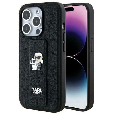 Karl Lagerfeld Gripstand Saffiano Karl&Choupette Pins Hülle für iPhone 14 Pro – Schwarz