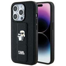Karl Lagerfeld Gripstand Saffiano Karl&Choupette Pins Hülle für iPhone 14 Pro – Schwarz