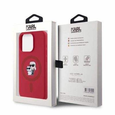 4. Karl Lagerfeld Silikonhülle mit Karl&Choupette-Kopf-Ring und MagSafe-Motiv für iPhone 15 Pro – Rot