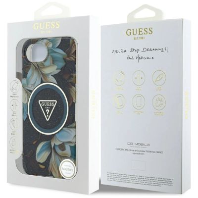 8. Guess IML Metal Glitter Flowers Triangle MagSafe Hülle für iPhone 16e - Schwarz