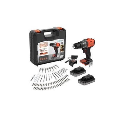 BLACK & DECKER 18V Akku-Schlagbohrschrauber (mit 2 x 18V 2,0Ah Akkus mit Ladezustandsanzeige, 1A Ladegerät und 80 Zubehörteilen) | BCD383D2XKA-QW | 2,0 Ah