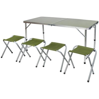 11. Klappbarer Campingtisch 120 x 60 x 70/62/55 cm + 4 Stühle, Grün