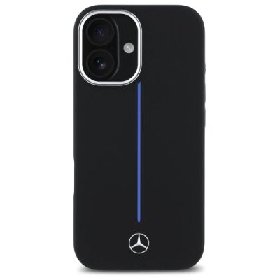 3. Mercedes Silikon Blue Stripe MagSafe Hülle für iPhone 16 – Schwarz