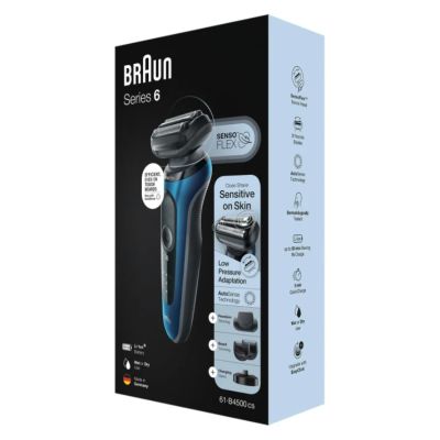 8. Braun Series 6 61-B4500cs – Folienrasierer – Blau – Tasten – LED – Laden – Ein/Aus – Netz-/Akkubetrieb
