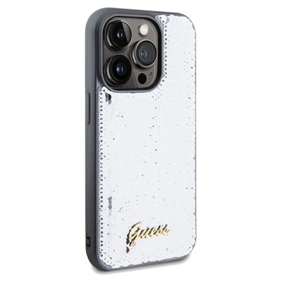 4. Guess Pailletten-Schriftzug-Metallgehäuse für iPhone 14 Pro Max – Silber