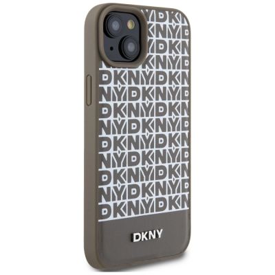 3. DKNY MagSafe-Hülle aus Leder mit bedrucktem Muster und Metalllogo für iPhone 15/14/13, Braun