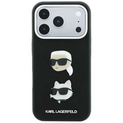 3. Karl Lagerfeld Saffiano-Hülle mit Karl & Choupette-Kopf-Pins und Logo für iPhone 18 Pro / 17 Pro – Schwarz