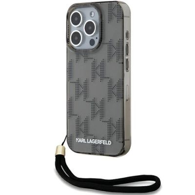 Karl Lagerfeld IML Mono KL Pattern & Cord Hülle für iPhone 15 Pro – Schwarz