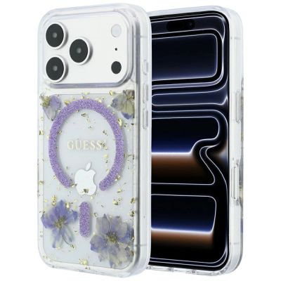 Guess Resin Flowers Glitter MagSafe Hülle für iPhone 18 Pro / 17 Pro - Lila