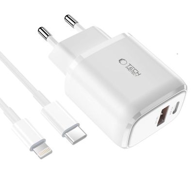 2. Tech-Protect C20W USB-C PD 20W / USB-A QC 3.0 Netzwerkladegerät mit USB-C / Lightning Kabel – Weiß