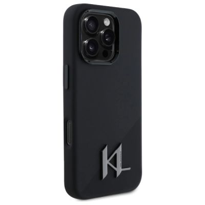 4. Karl Lagerfeld Silikon-Schutzhülle mit Shadow Metal Initialen und MagSafe-Design für iPhone 16 Pro – Schwarz