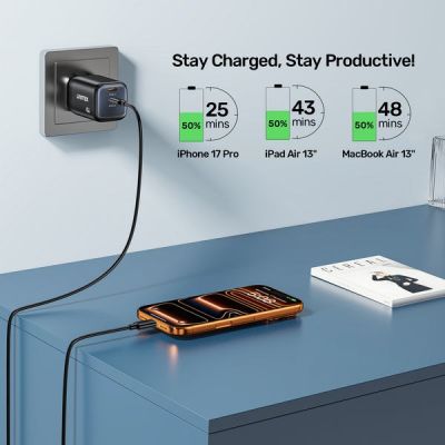 38. UNITEK 2x GAN 45W Ladegerät, 2x USB-C PD 3.0, QC, Schwarz