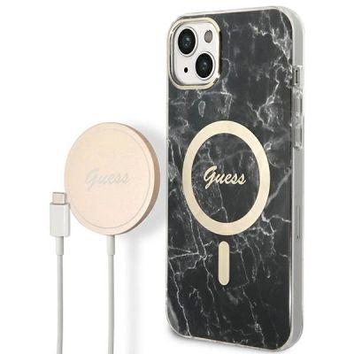 Set Guess GUBPP14SHMEACSK Case+ Charger iPhone 14 6.1" schwarz/schwarz Hartschalenetui Marble MagSafe