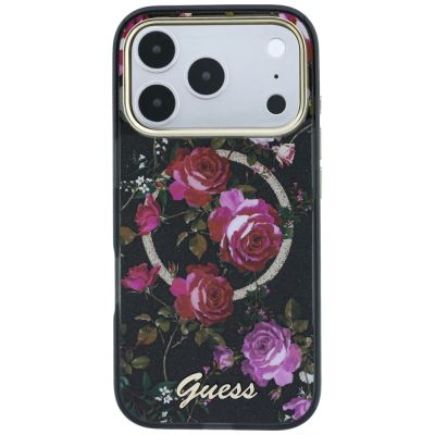 3. Guess IML Glitter Blossom Roses MagSafe Hülle für iPhone 18 Pro Max / 17 Pro Max – schwarz