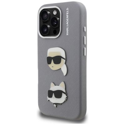 2. Karl Lagerfeld FW Grained Karl & Choupette Heads Pins Hülle für iPhone 16 Pro Max - Grau